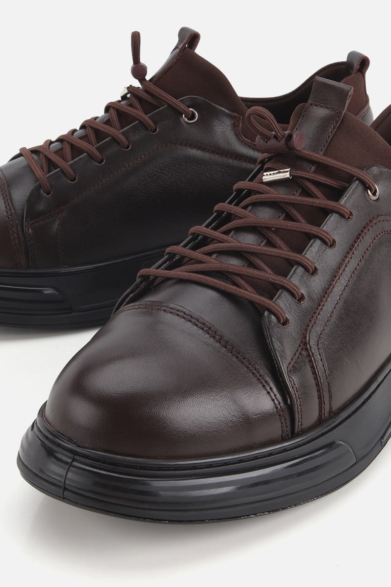 Erkek Kahverengi Deri Bağcıklı Kalın Tabanlı Sneaker