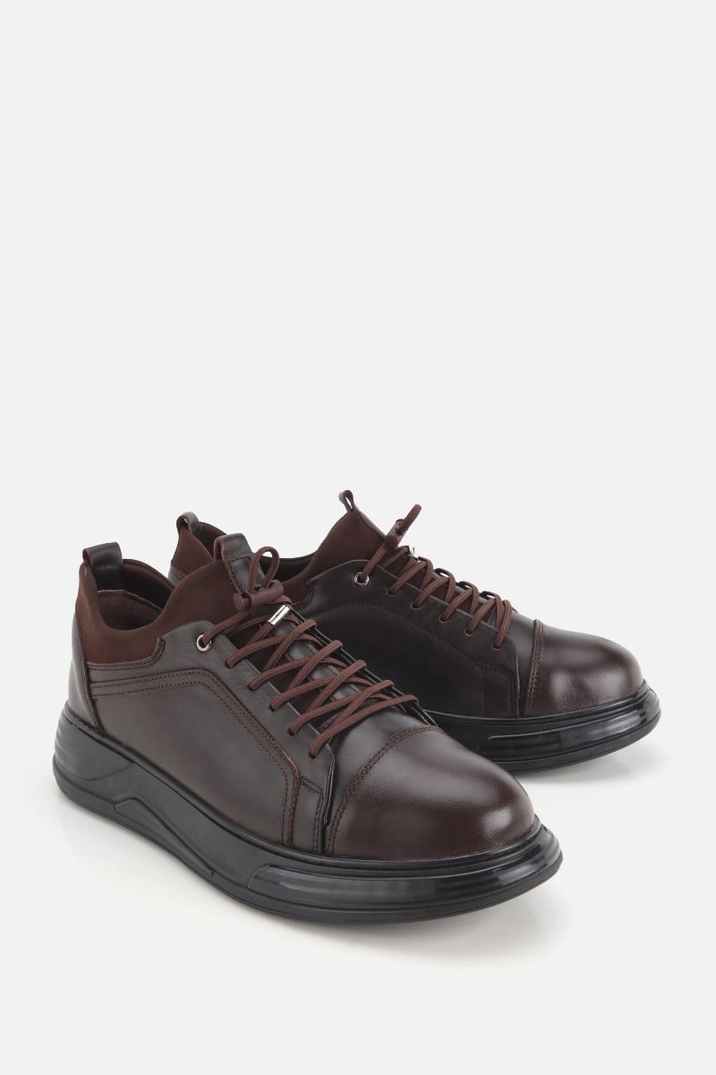 Erkek Kahverengi Deri Bağcıklı Kalın Tabanlı Sneaker