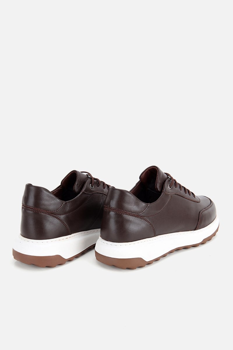 Erkek Kahverengi Deri Bağcıklı Kontrast Tabanlı Casual Sneaker