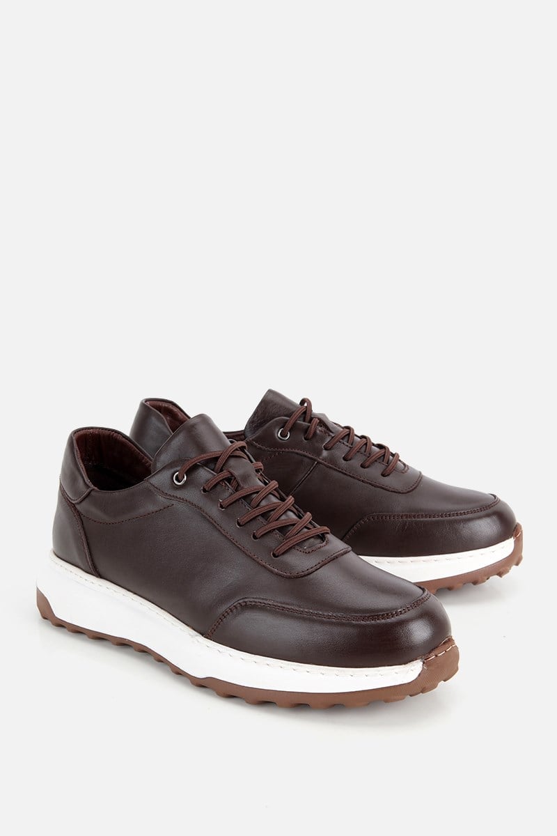 Erkek Kahverengi Deri Bağcıklı Kontrast Tabanlı Casual Sneaker
