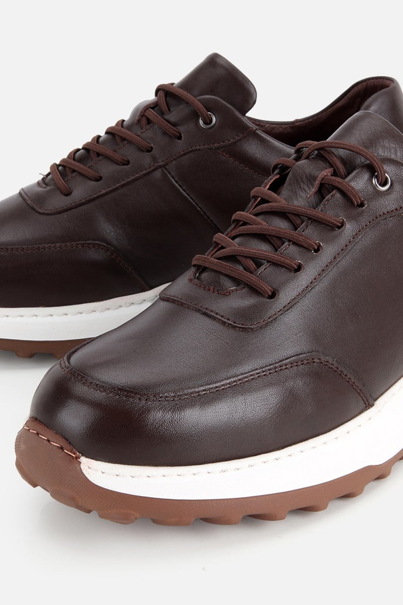 Erkek Kahverengi Deri Bağcıklı Kontrast Tabanlı Casual Sneaker