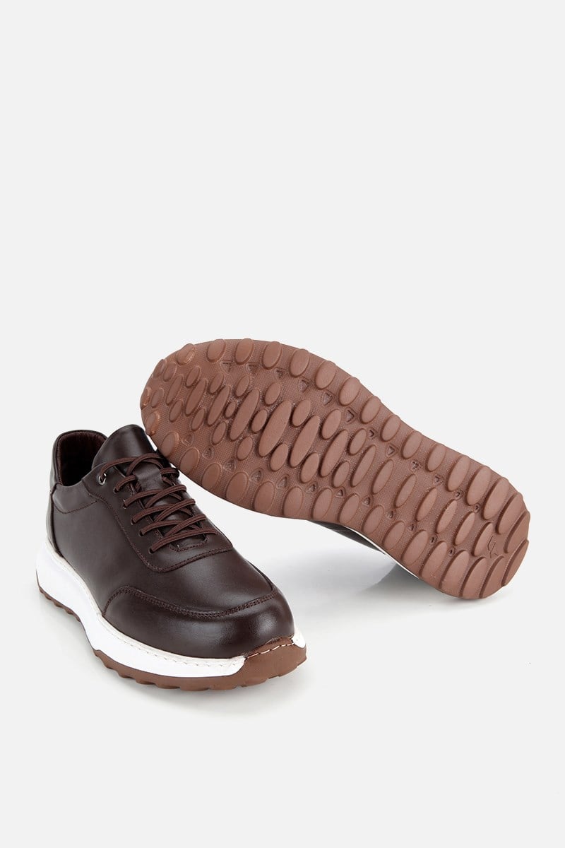 Erkek Kahverengi Deri Bağcıklı Kontrast Tabanlı Casual Sneaker