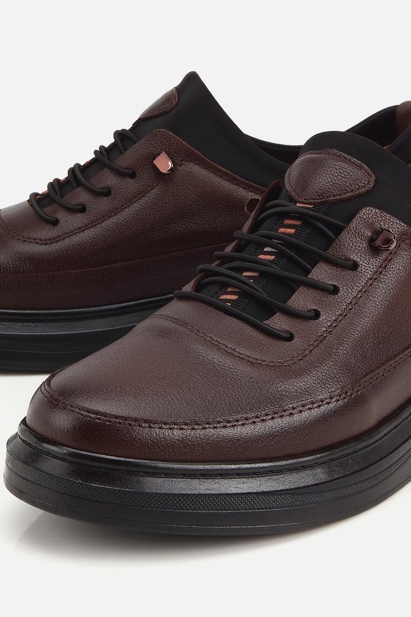 Erkek Kahverengi Deri Baskılı Bağxık Detaylı Sneaker