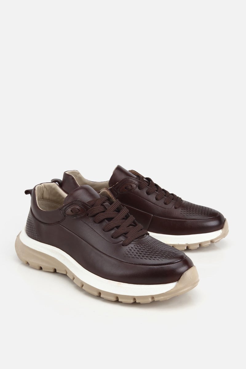 Erkek Kahverengi Deri Kontrast Tabanlı Bağcıklı Sneaker