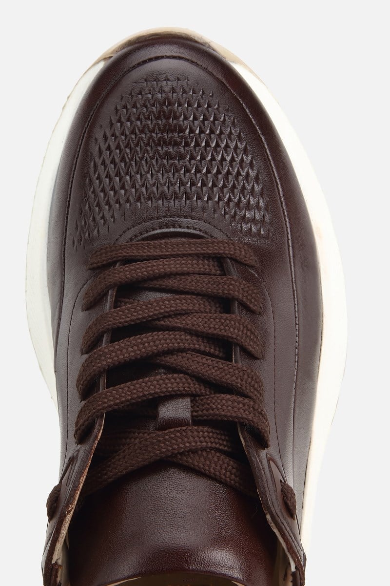 Erkek Kahverengi Deri Kontrast Tabanlı Bağcıklı Sneaker