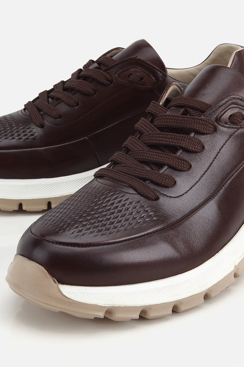 Erkek Kahverengi Deri Kontrast Tabanlı Bağcıklı Sneaker