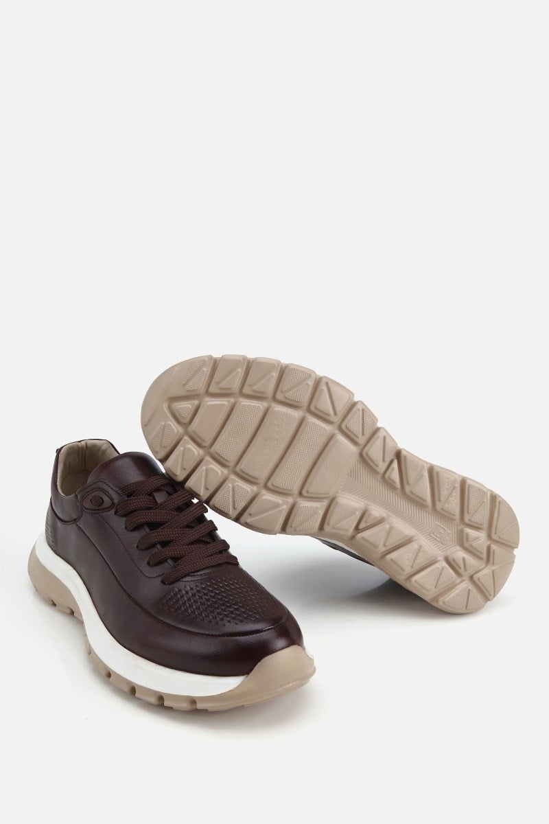 Erkek Kahverengi Deri Kontrast Tabanlı Bağcıklı Sneaker