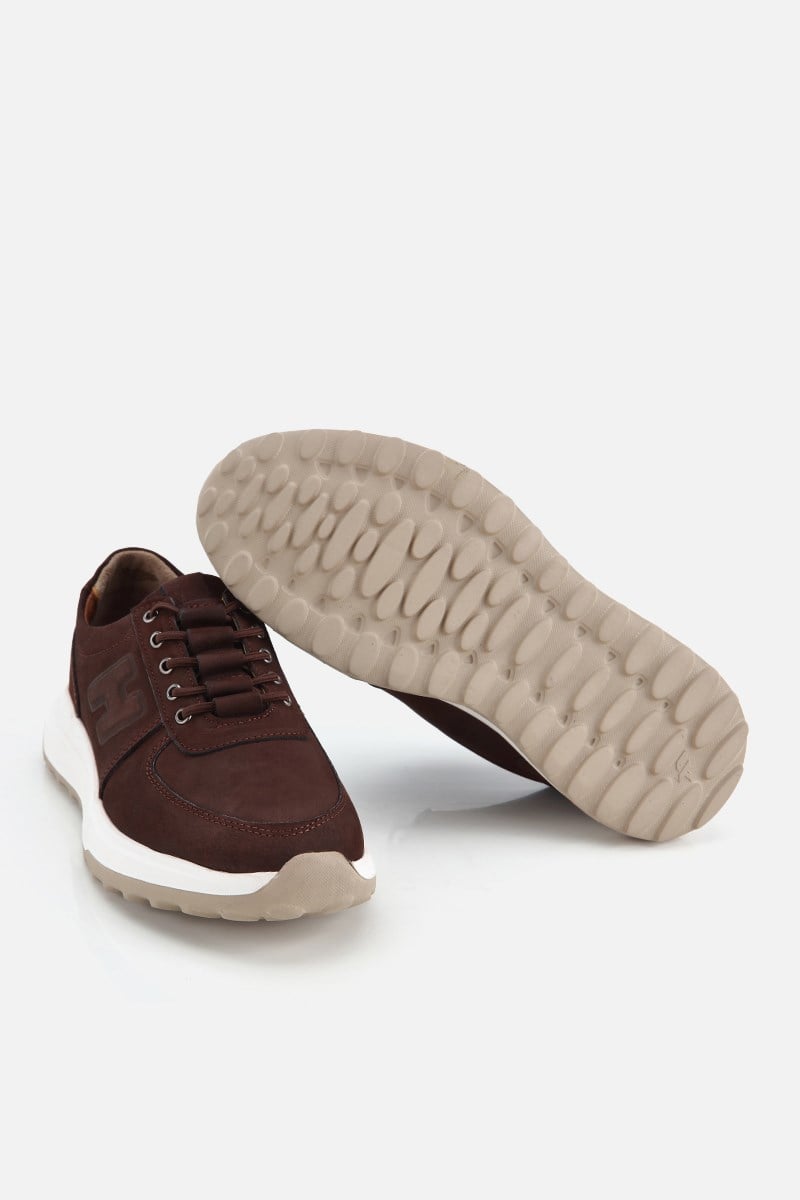 Erkek Kahverengi Nubuk Deri Bağcık Detaylı Sneaker