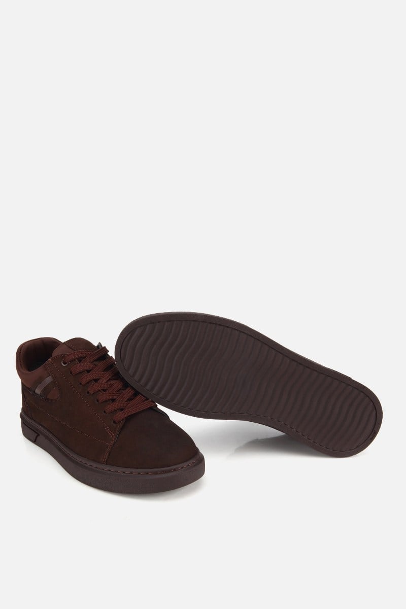 Erkek Kahverengi Nubuk Deri Bağcıklı Casual Sneaker