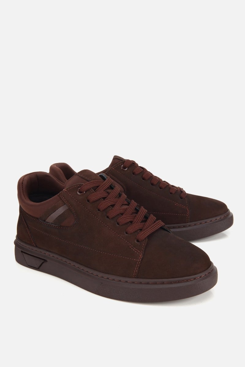 Erkek Kahverengi Nubuk Deri Bağcıklı Casual Sneaker