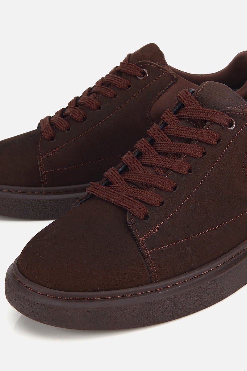 Erkek Kahverengi Nubuk Deri Bağcıklı Casual Sneaker