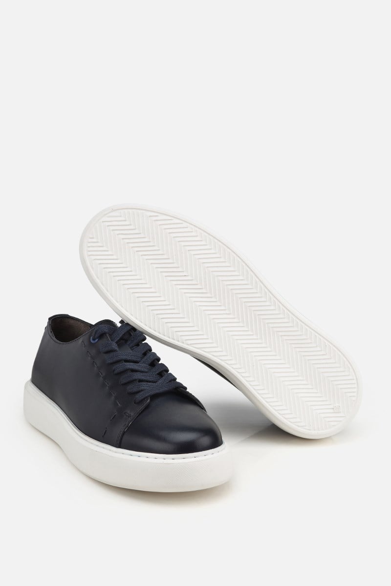 Erkek Lacivert Deri Bağcıklı Kalın Tabanlı Günlük Sneaker