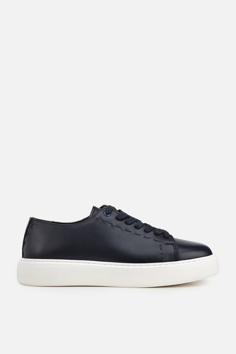 Erkek Lacivert Deri Bağcıklı Kalın Tabanlı Günlük Sneaker