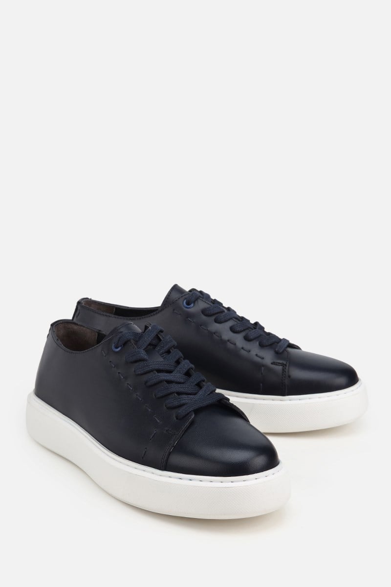 Erkek Lacivert Deri Bağcıklı Kalın Tabanlı Günlük Sneaker