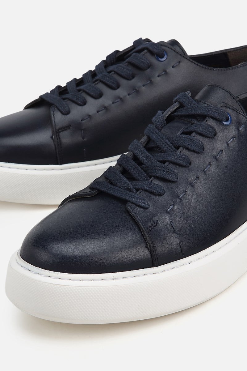 Erkek Lacivert Deri Bağcıklı Kalın Tabanlı Günlük Sneaker