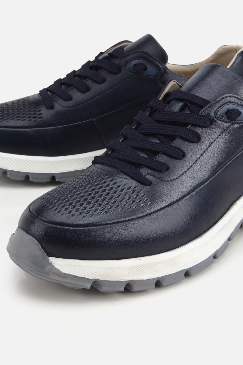 Erkek Lacivert Deri Kontrast Tabanlı Bağcıklı Sneaker