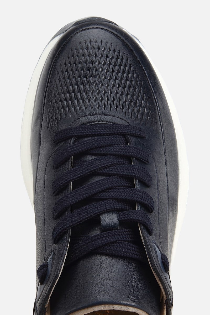Erkek Lacivert Deri Kontrast Tabanlı Bağcıklı Sneaker
