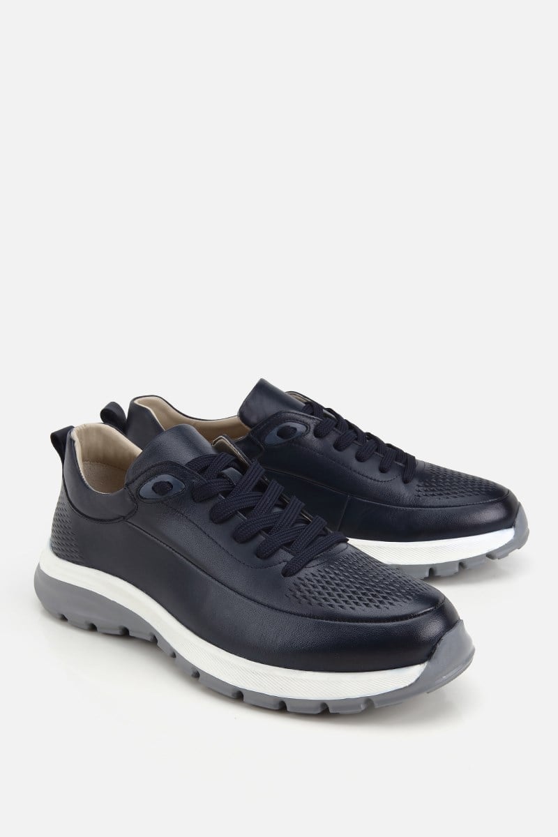 Erkek Lacivert Deri Kontrast Tabanlı Bağcıklı Sneaker
