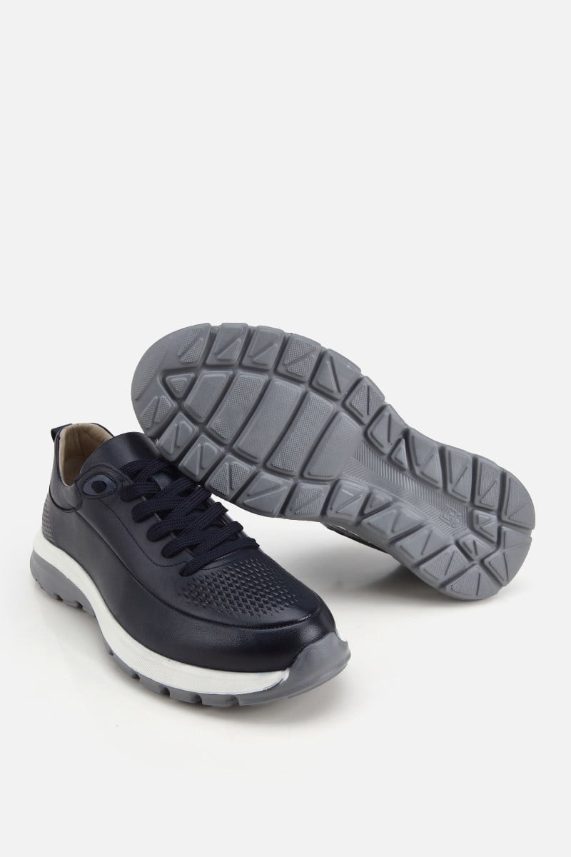 Erkek Lacivert Deri Kontrast Tabanlı Bağcıklı Sneaker