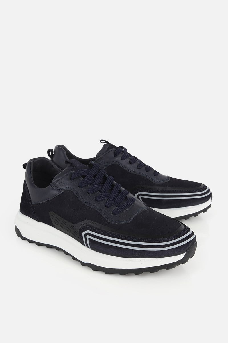 Erkek Lacivert Süet Deri Bağcıklı Sneaker