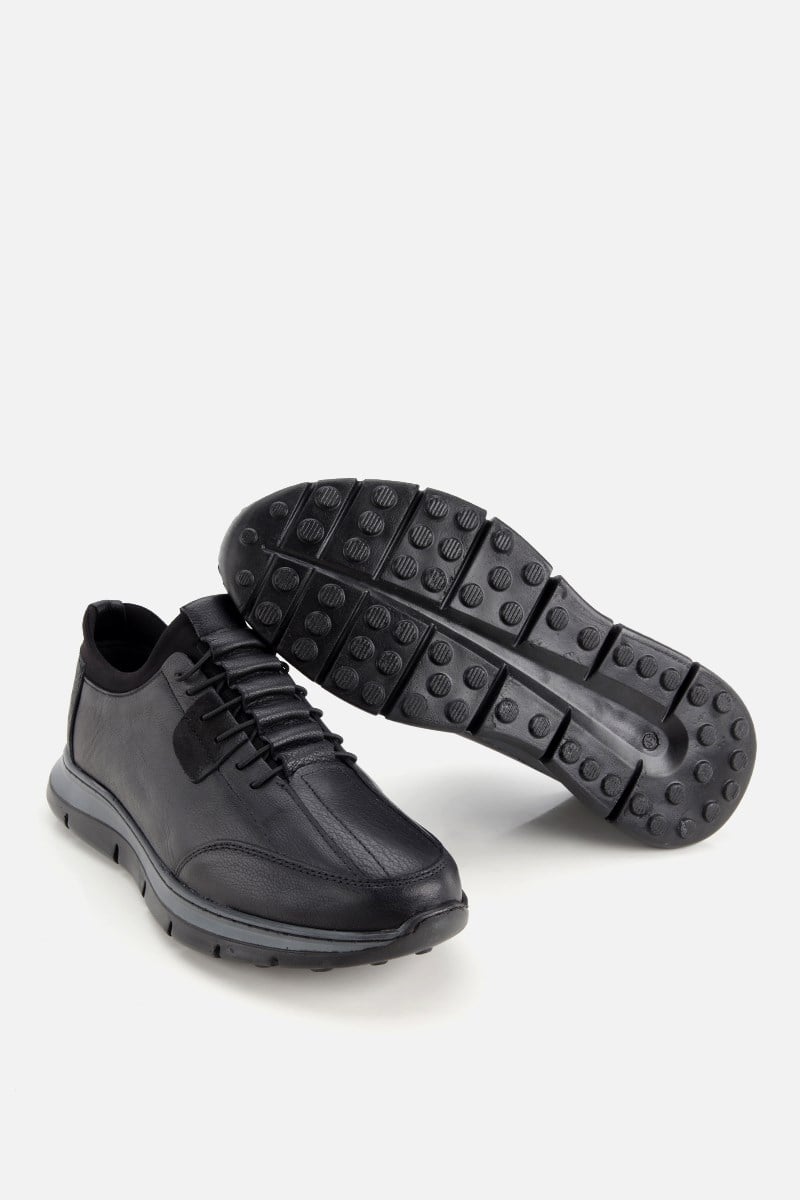 Erkek Siyah Deri Bağcık Detaylı Kalın Tabanlı Confort Sneaker