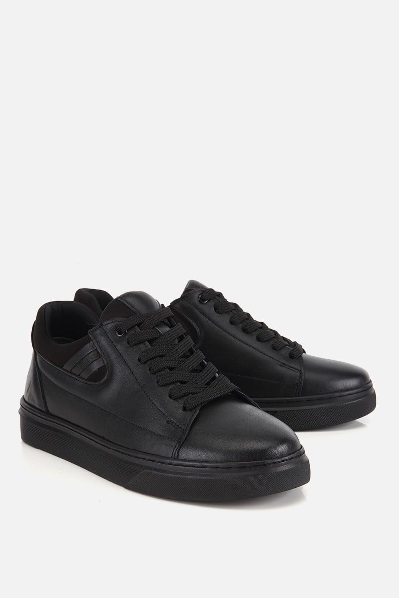 Erkek Siyah Deri Bağcıklı Casual Sneaker