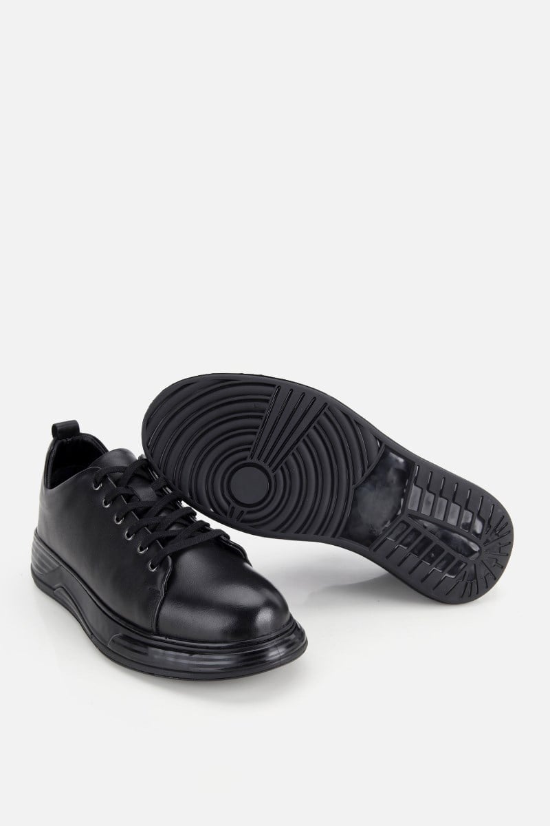 Erkek Siyah Deri Bağcıklı Günlük Sneaker