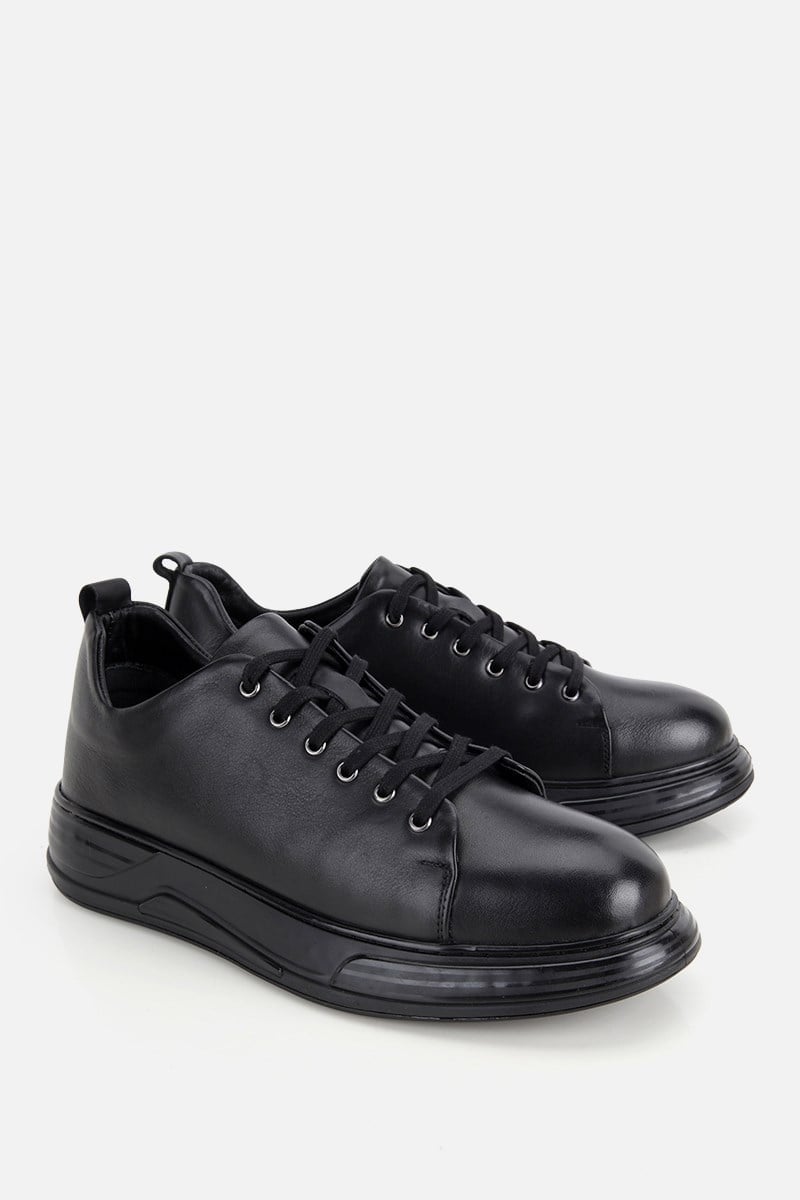 Erkek Siyah Deri Bağcıklı Günlük Sneaker
