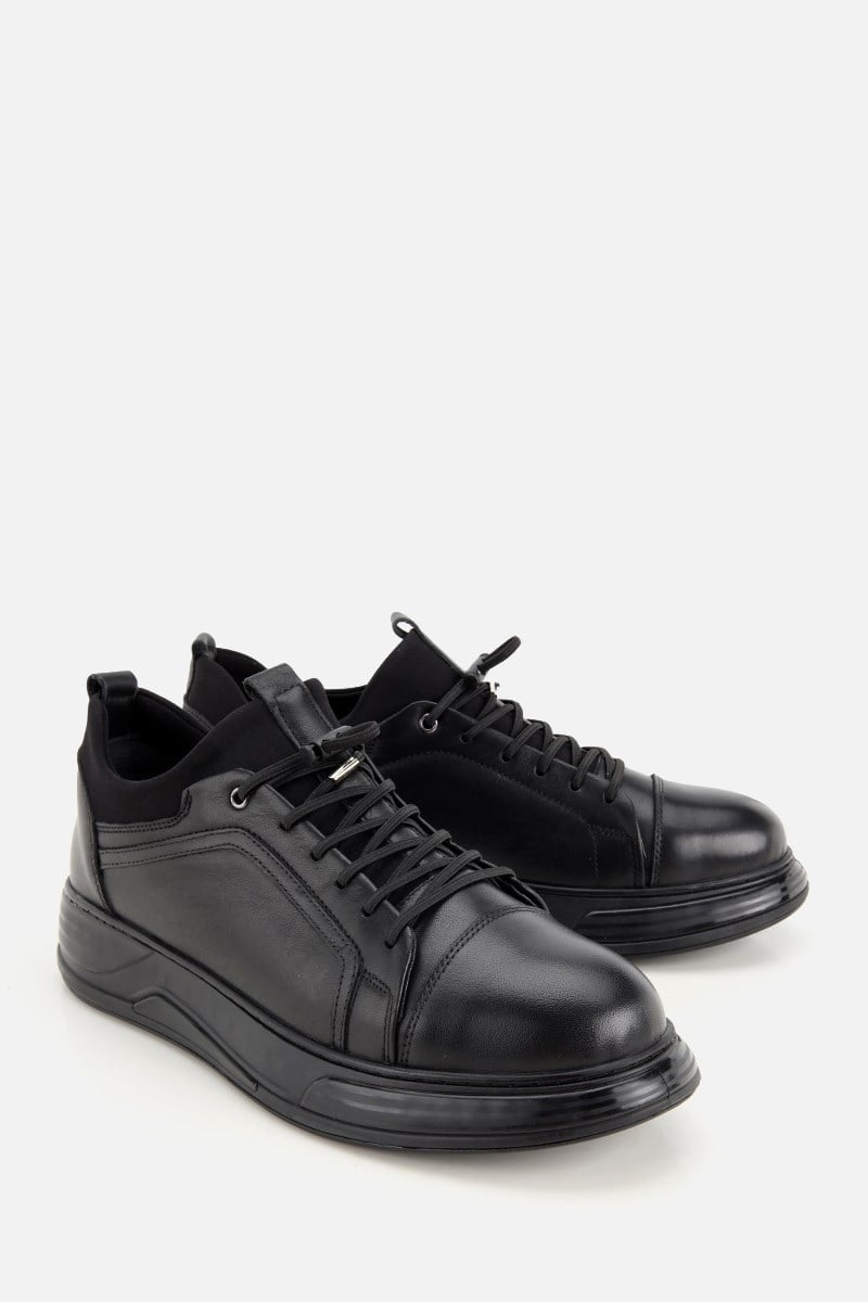 Erkek Siyah Deri Bağcıklı Kalın Tabanlı Sneaker