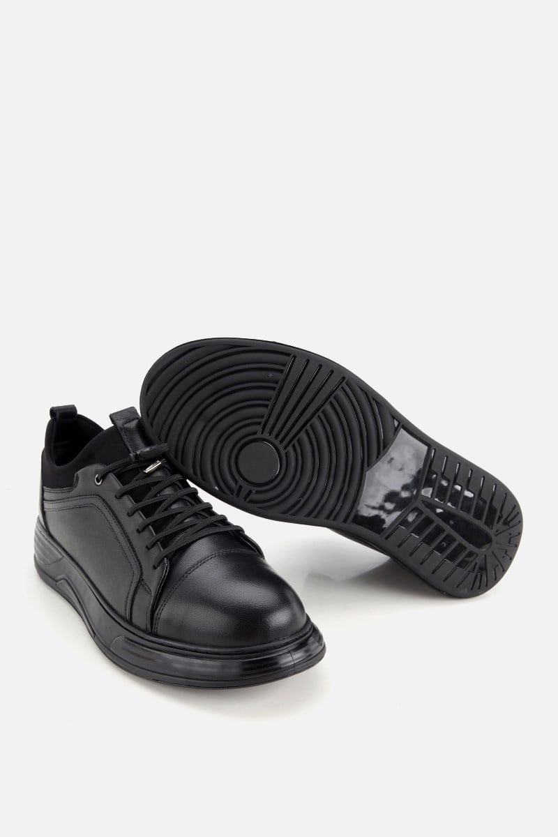 Erkek Siyah Deri Bağcıklı Kalın Tabanlı Sneaker
