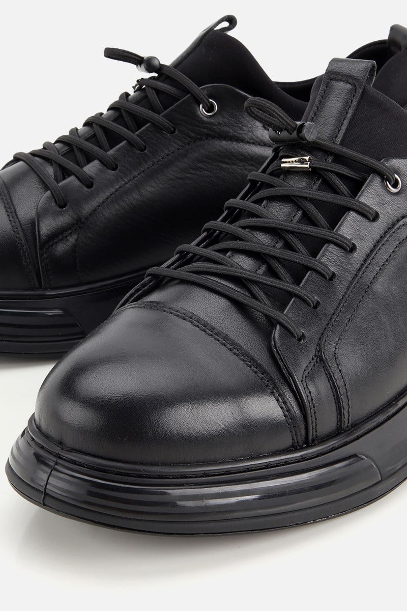 Erkek Siyah Deri Bağcıklı Kalın Tabanlı Sneaker