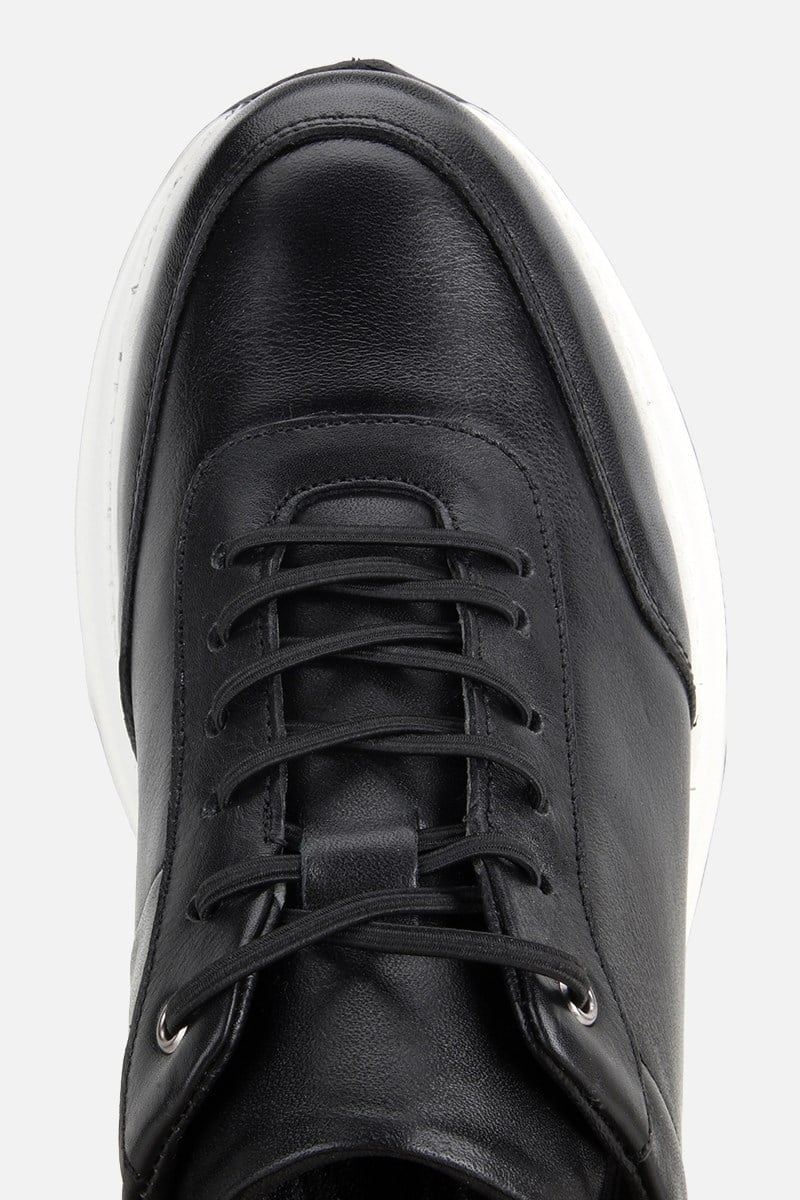 Erkek Siyah Deri Bağcıklı Kontrast Tabanlı Casual Sneaker
