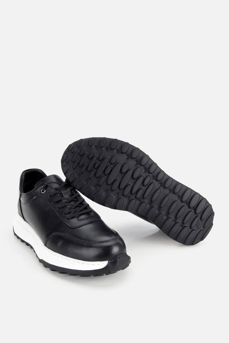 Erkek Siyah Deri Bağcıklı Kontrast Tabanlı Casual Sneaker