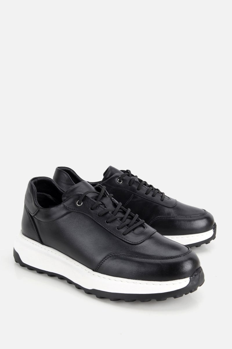 Erkek Siyah Deri Bağcıklı Kontrast Tabanlı Casual Sneaker