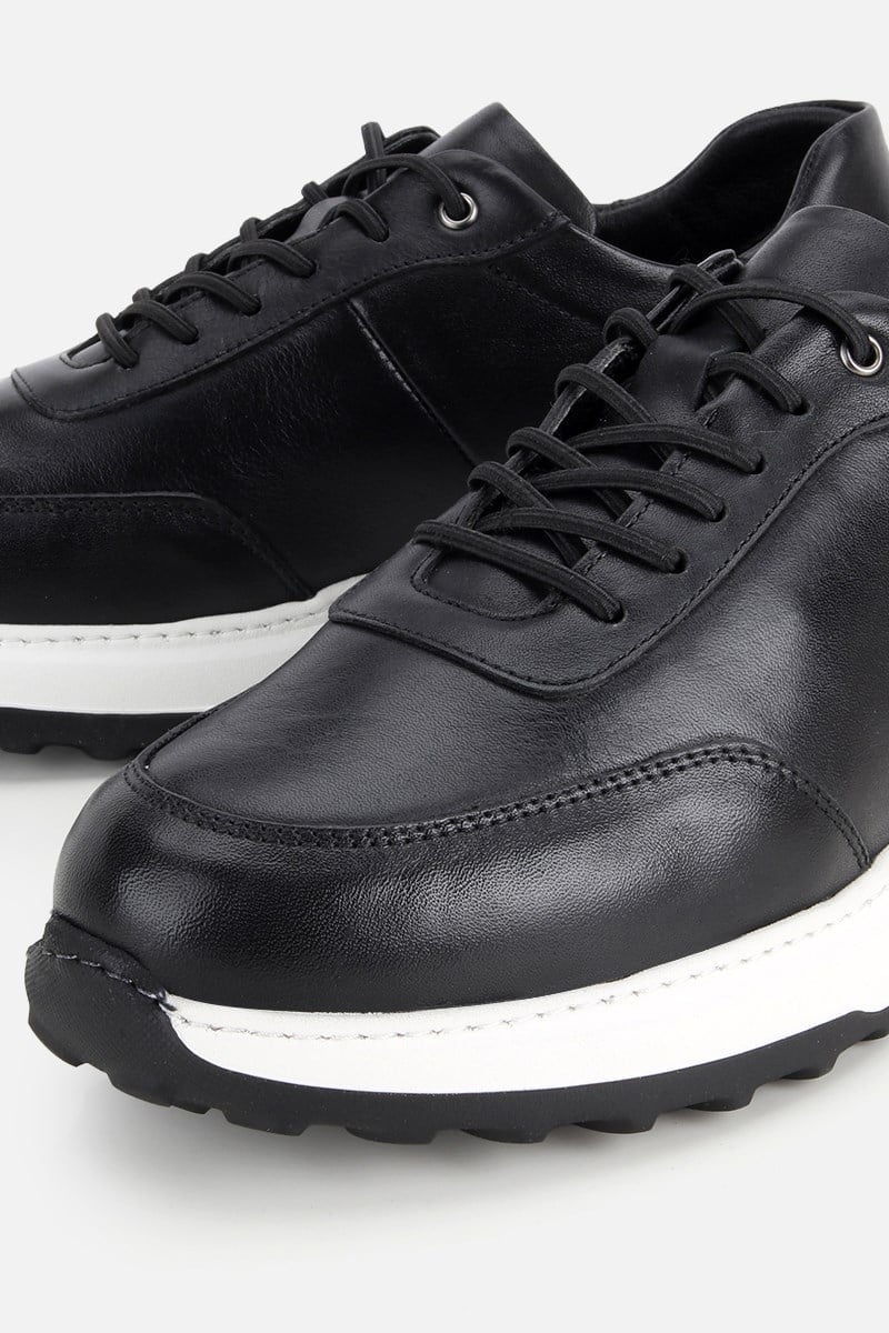 Erkek Siyah Deri Bağcıklı Kontrast Tabanlı Casual Sneaker