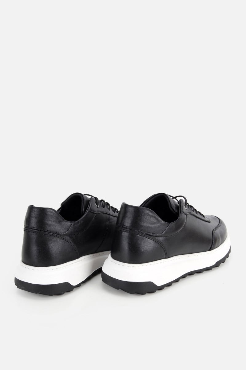 Erkek Siyah Deri Bağcıklı Kontrast Tabanlı Casual Sneaker