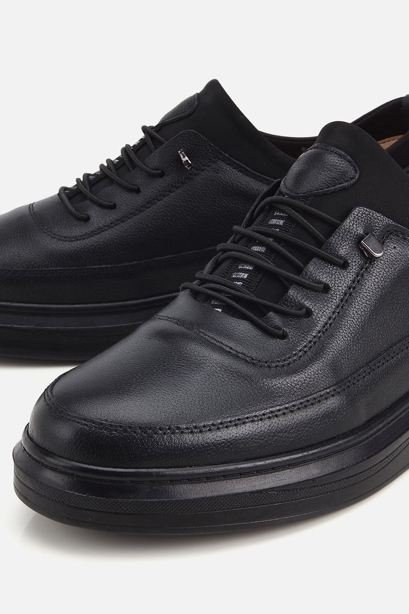 Erkek Siyah Deri Baskılı Bağxık Detaylı Sneaker