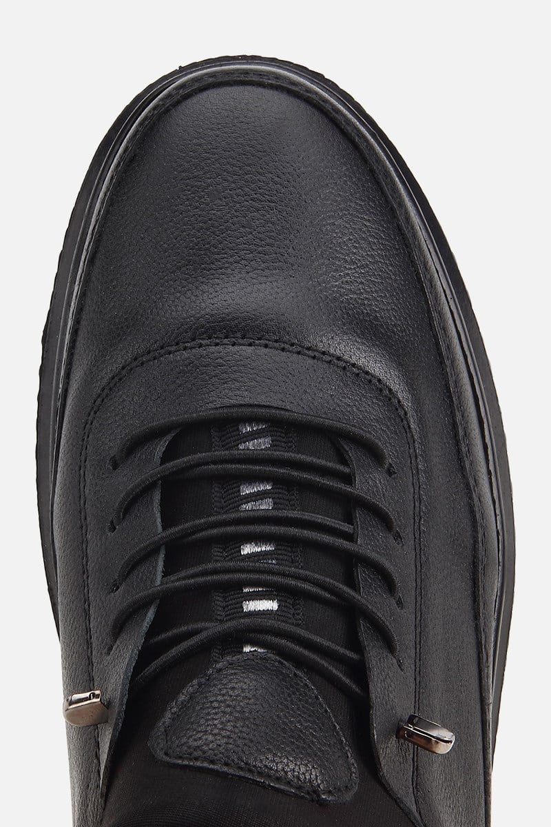 Erkek Siyah Deri Baskılı Bağxık Detaylı Sneaker