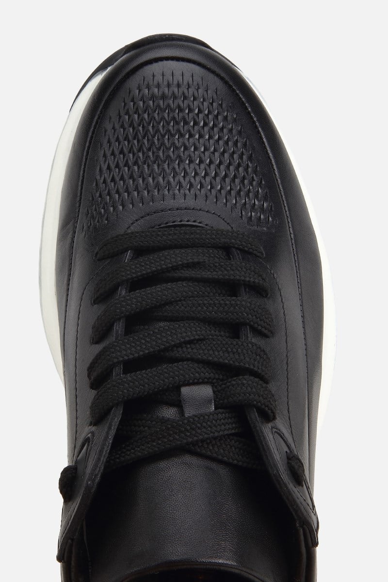 Erkek Siyah Deri Kontrast Tabanlı Bağcıklı Sneaker