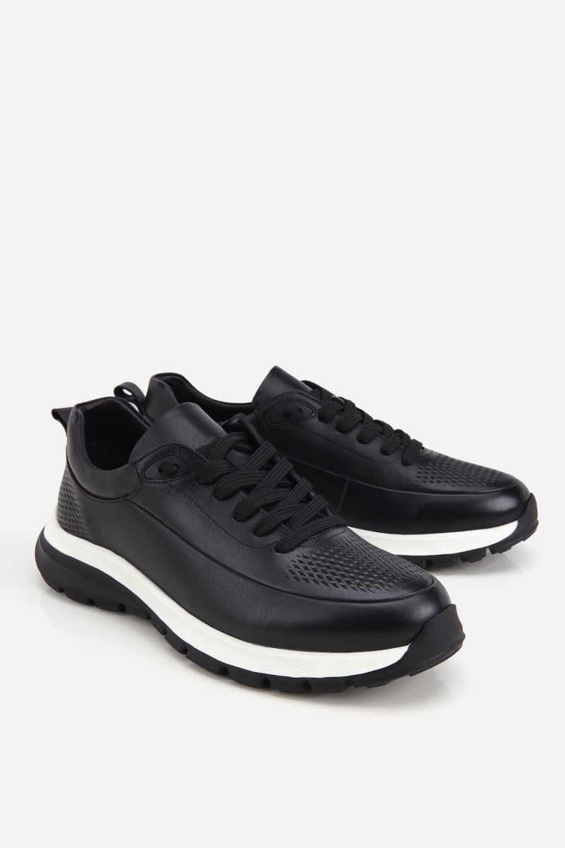 Erkek Siyah Deri Kontrast Tabanlı Bağcıklı Sneaker