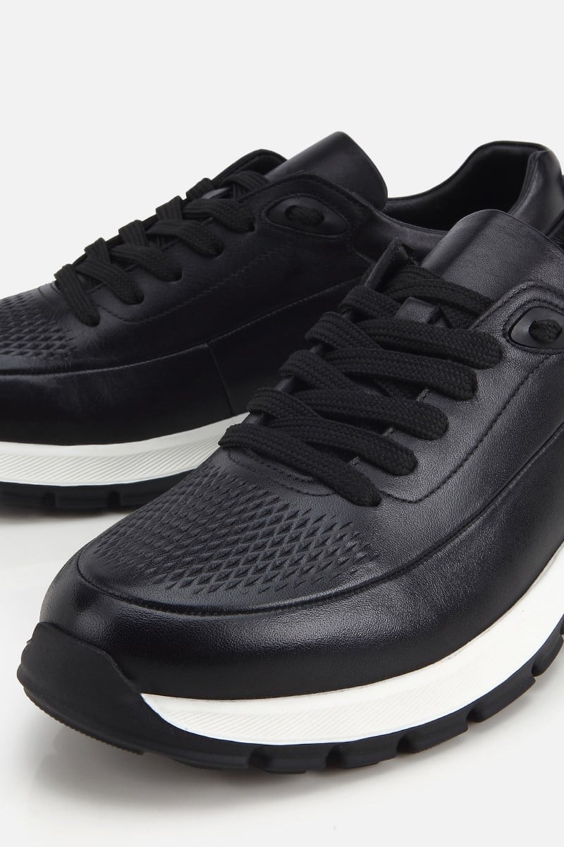 Erkek Siyah Deri Kontrast Tabanlı Bağcıklı Sneaker