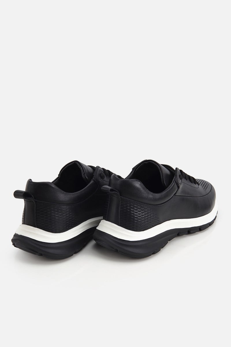 Erkek Siyah Deri Kontrast Tabanlı Bağcıklı Sneaker