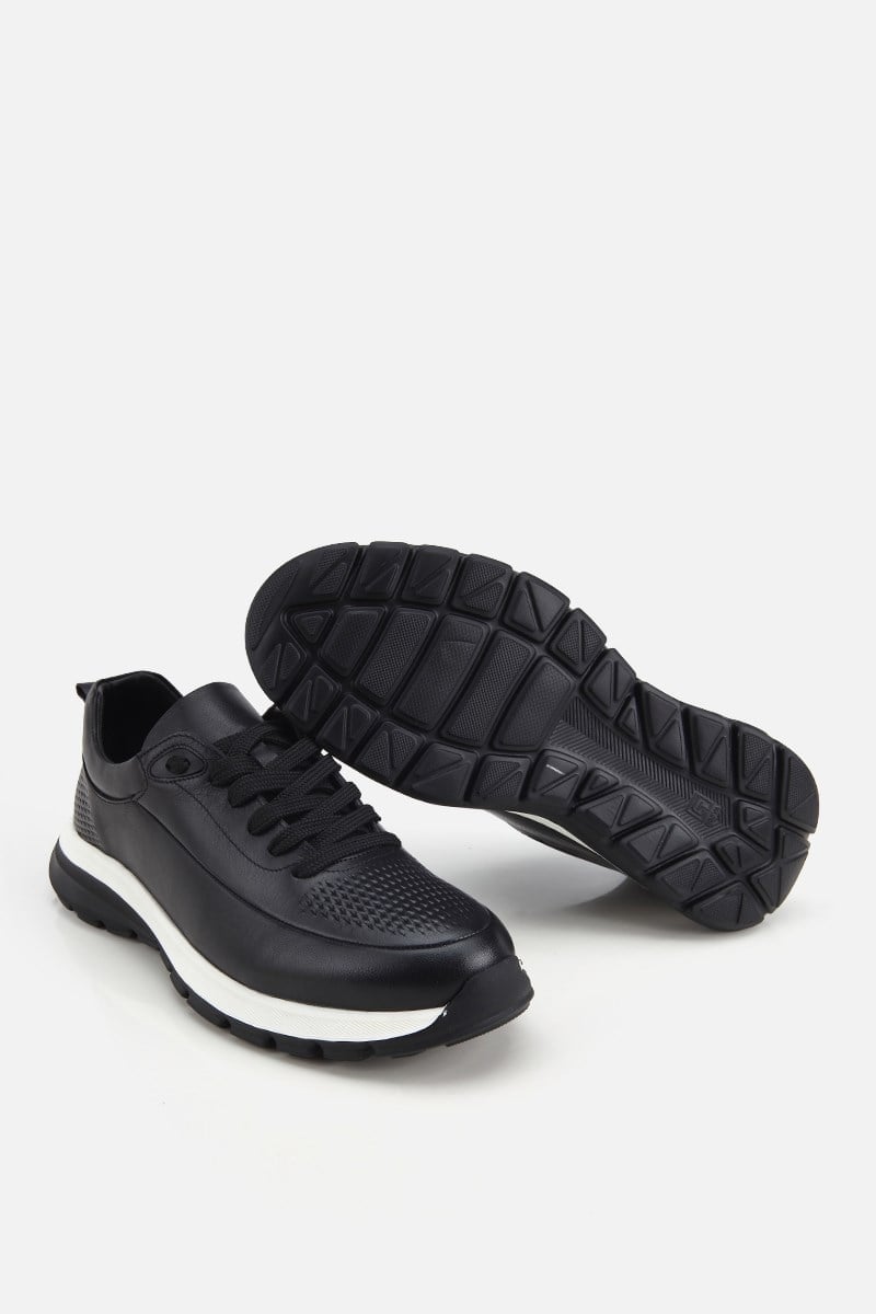 Erkek Siyah Deri Kontrast Tabanlı Bağcıklı Sneaker