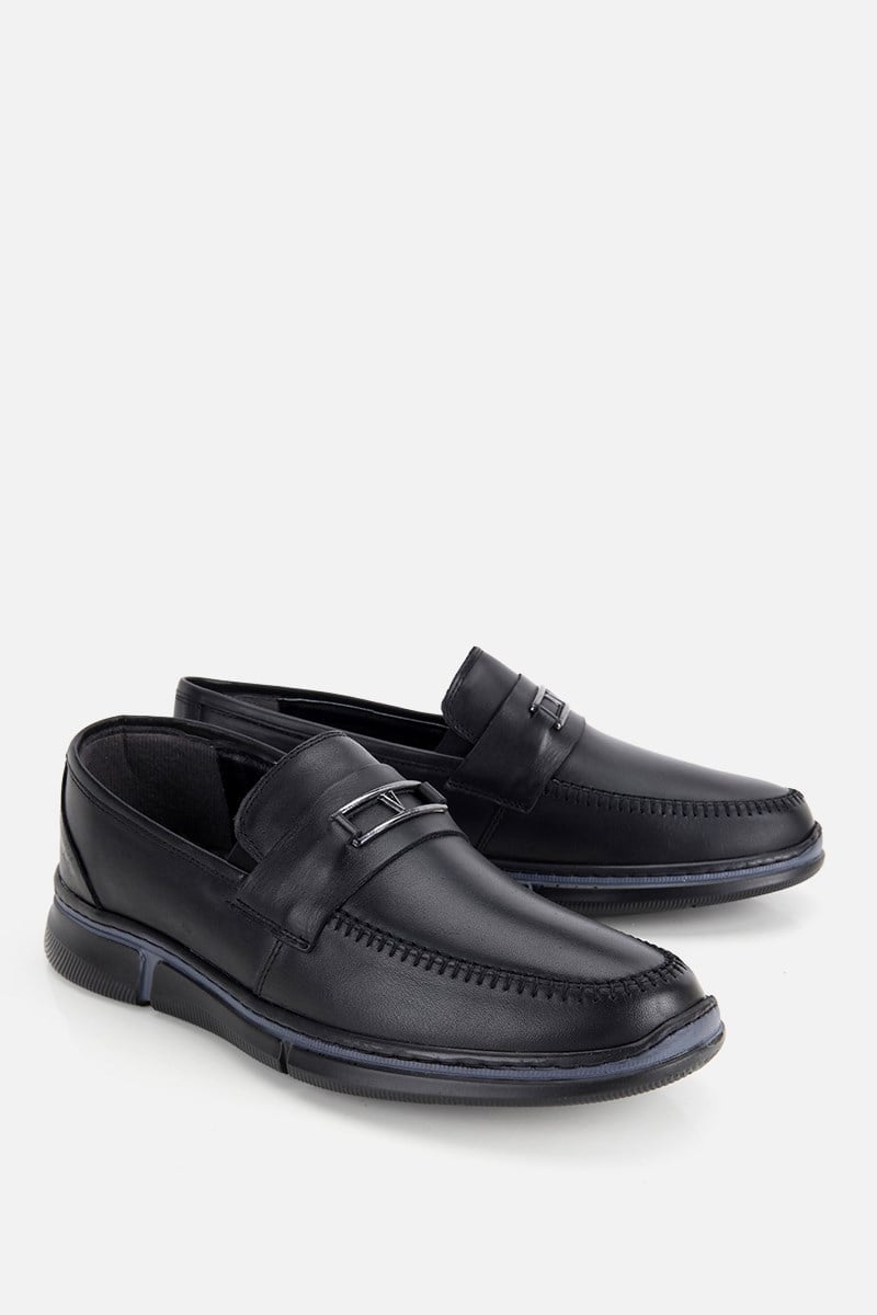 Erkek Siyah Deri Metal Tokalı Klasik Loafer