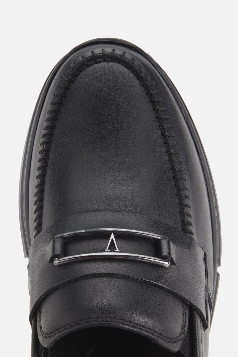 Erkek Siyah Deri Metal Tokalı Klasik Loafer
