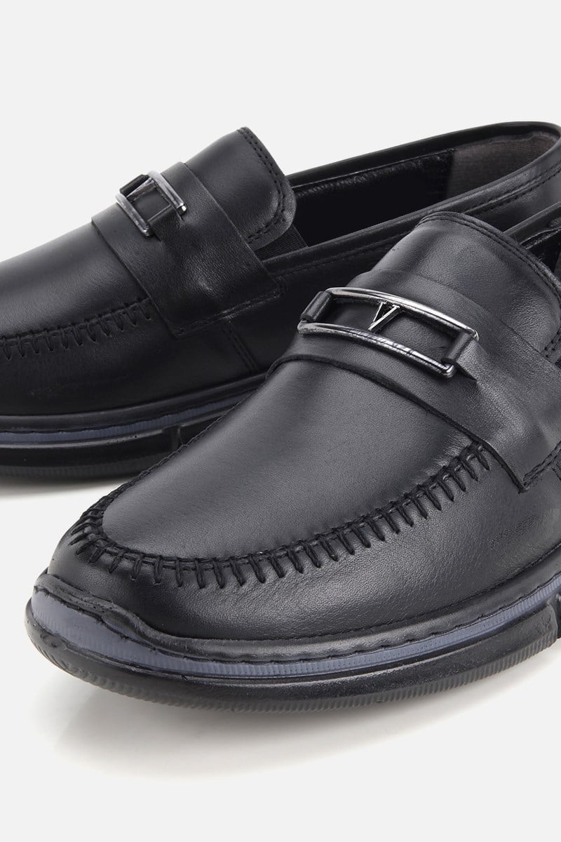 Erkek Siyah Deri Metal Tokalı Klasik Loafer