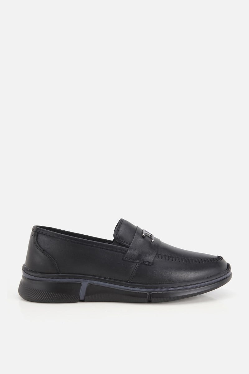 Erkek Siyah Deri Metal Tokalı Klasik Loafer