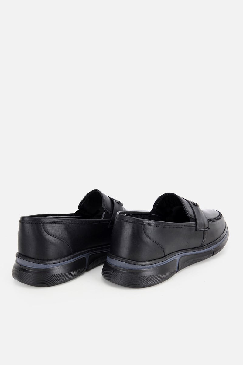 Erkek Siyah Deri Metal Tokalı Klasik Loafer