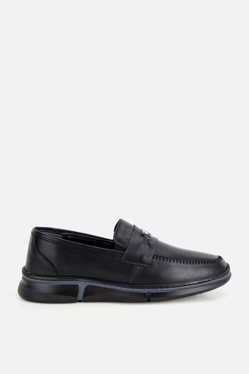 Erkek Siyah Deri Metal Tokalı Klasik Loafer