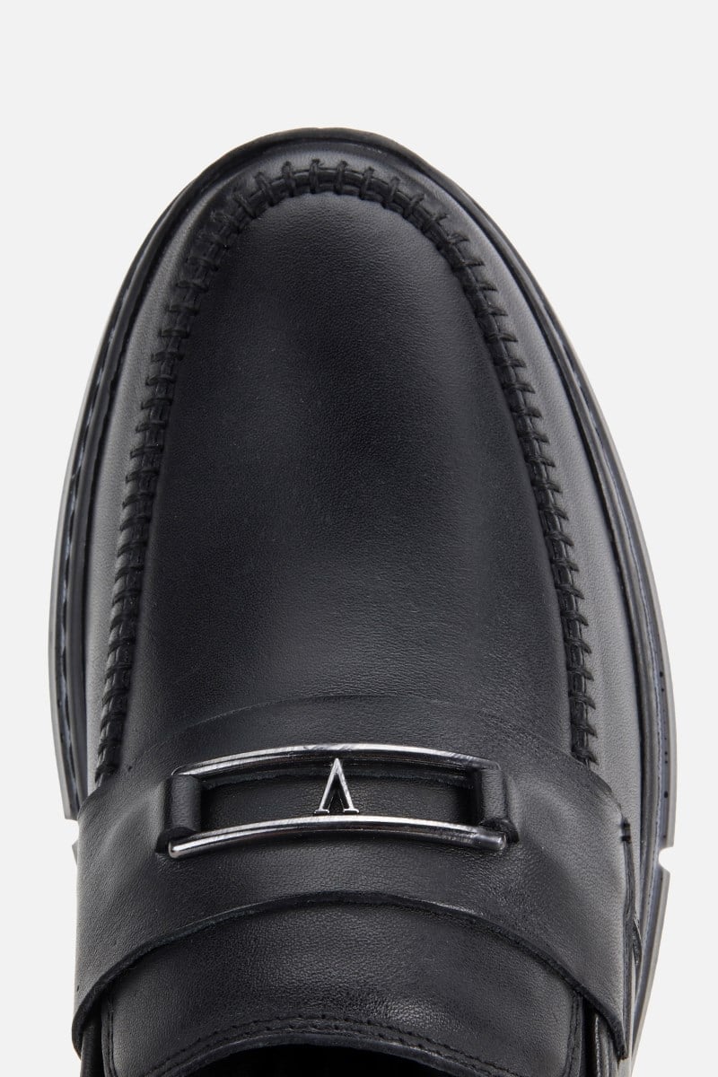Erkek Siyah Deri Metal Tokalı Klasik Loafer